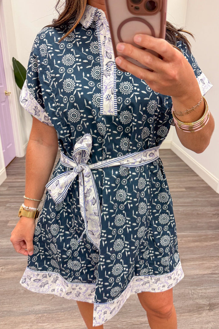 ivory and navy floral and fruit print removable self tie belt short dress