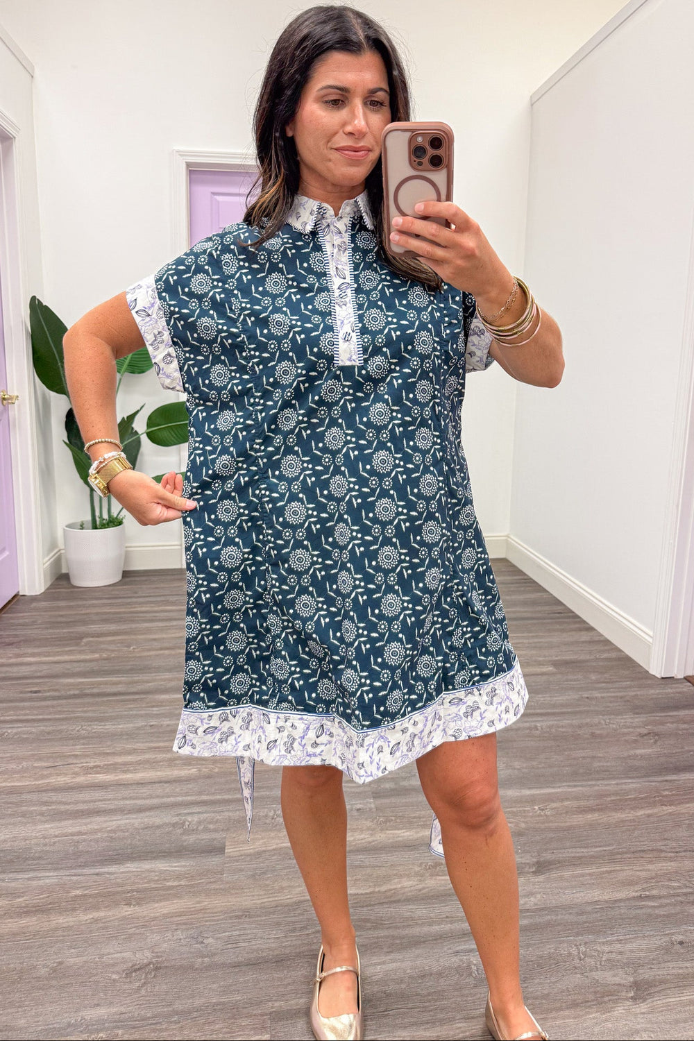 ivory and navy floral and fruit print contrasting trim flowy silhouette short dress