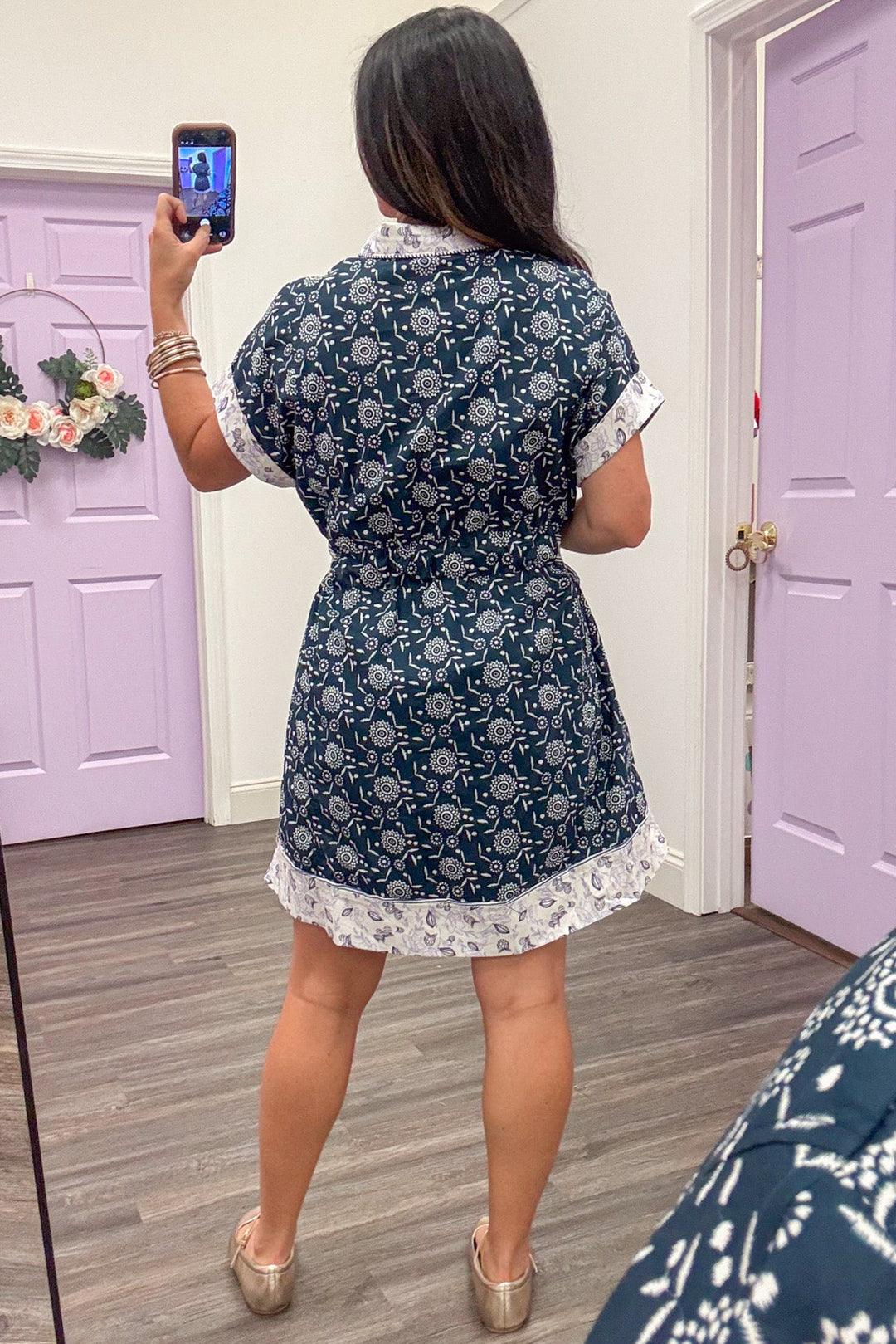 ivory and navy floral and fruit print contrasting trim poplin short dress