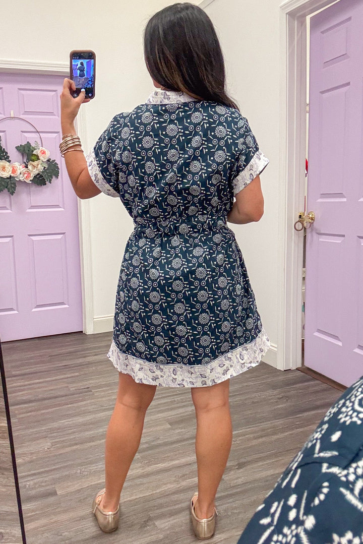 ivory and navy floral and fruit print contrasting trim poplin short dress