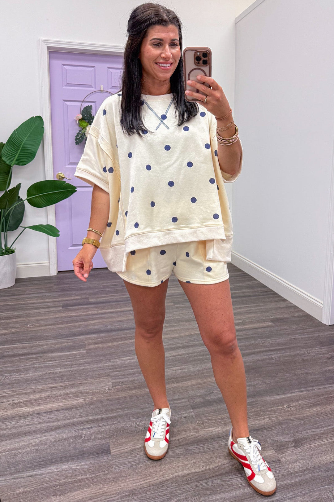 ivory with navy polka dot print terry knit shorts