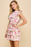 Pretty Follies Ivory and pink floral print dress with ruffle layered tiered skirt