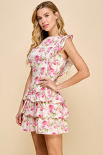 Pretty Follies Ivory and pink floral print dress with ruffle layered tiered skirt