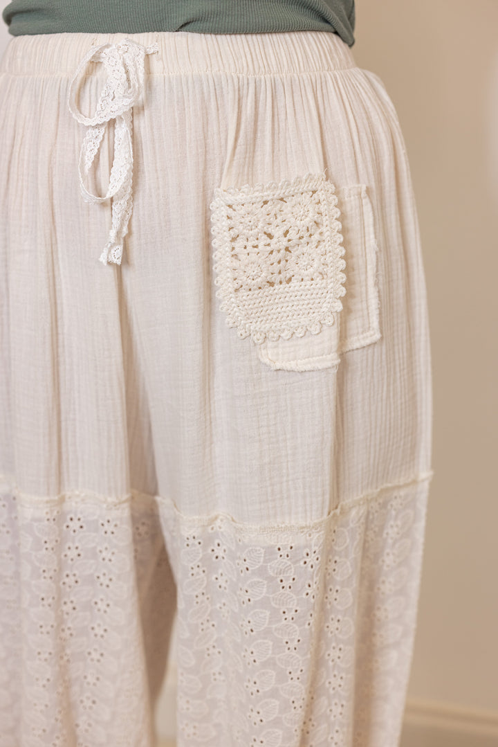 Women's eyelet lace and gauze wide balloon leg jogger pants in natural by POL showing lace detail