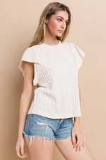 Ivory braided knit textured top with ruffled flutter sleeves