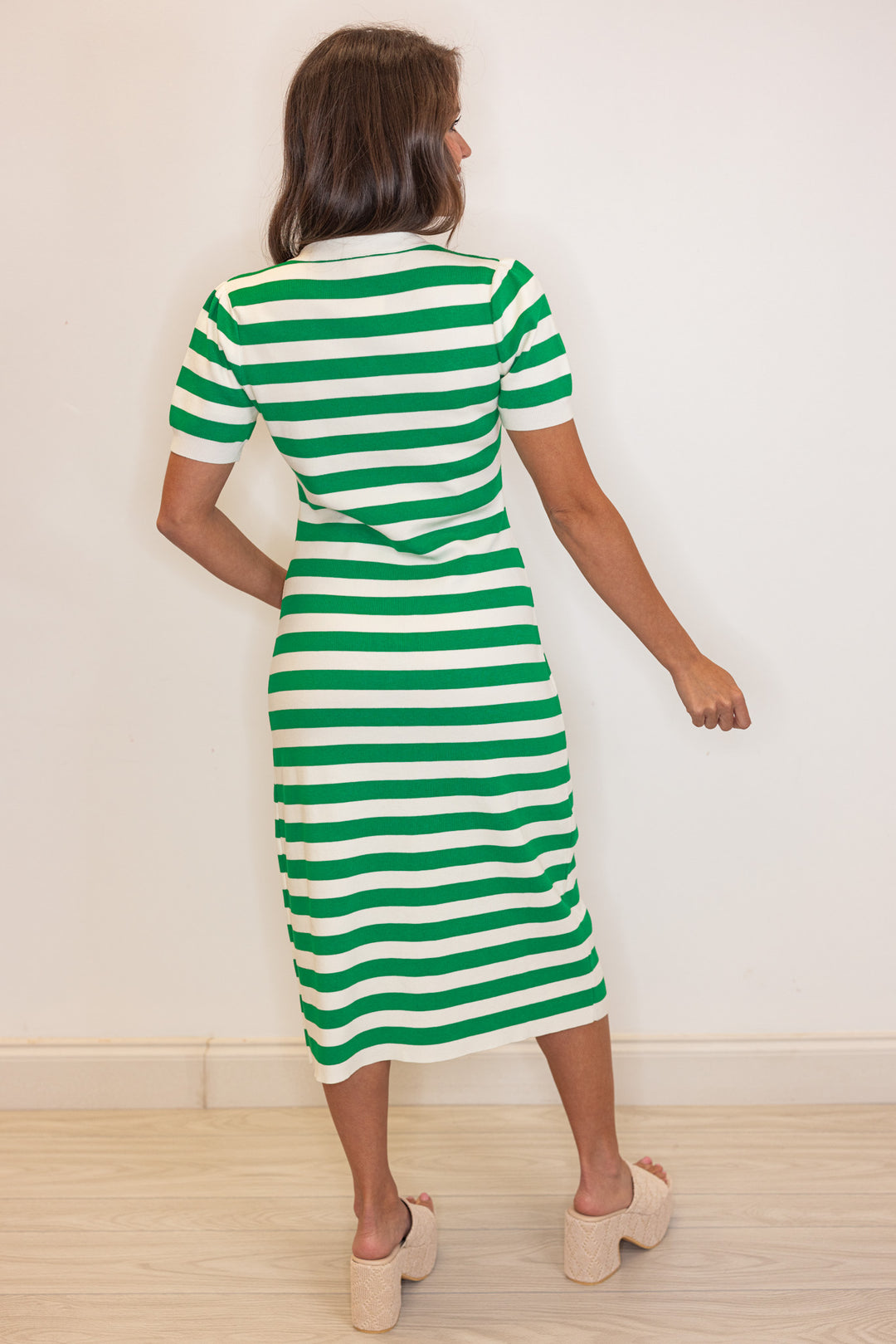 green white striped classic fitted midi dress