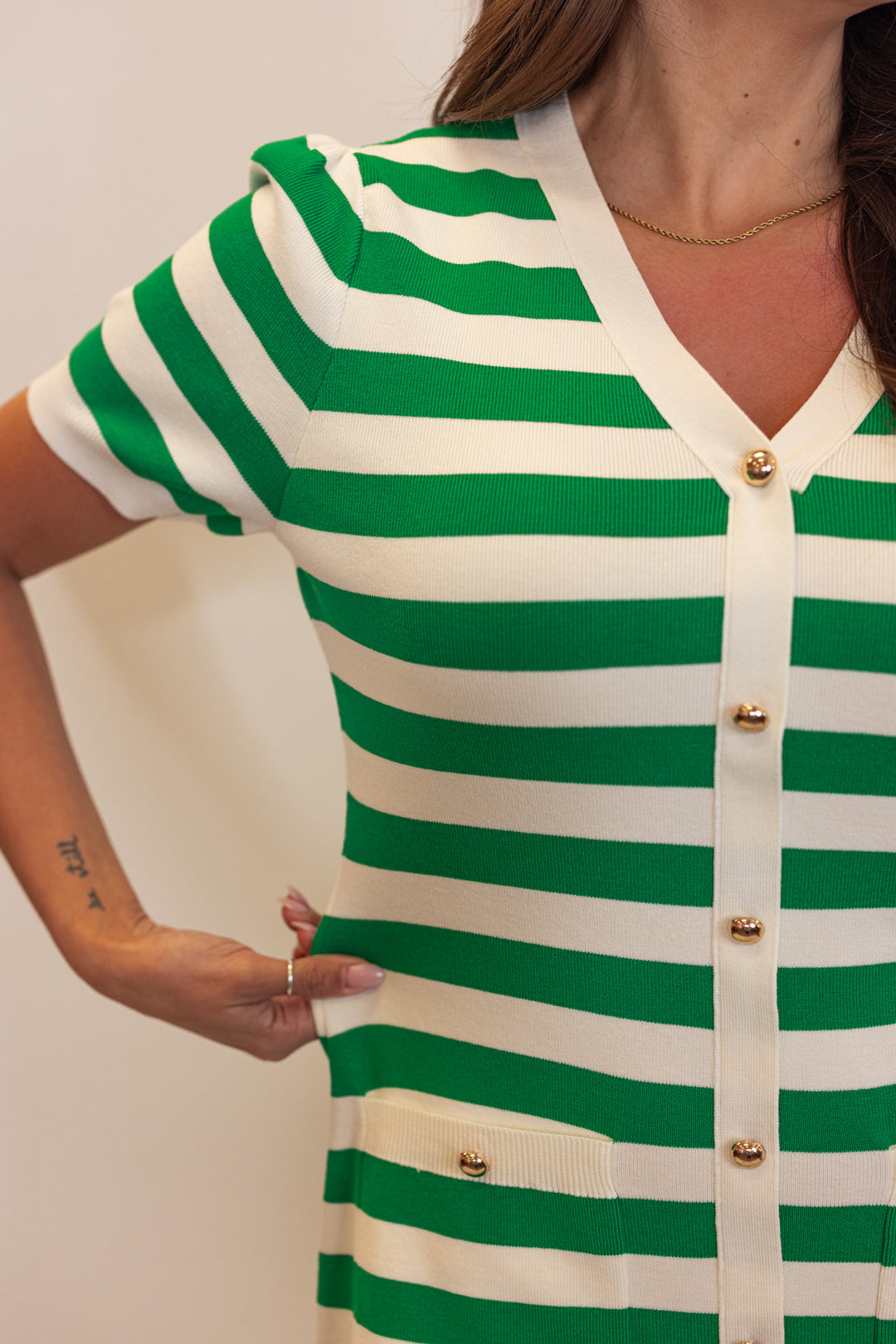 green white striped classic fitted midi dress