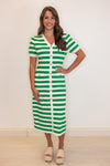 green white striped classic fitted midi dress