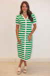 green white striped classic fitted midi dress