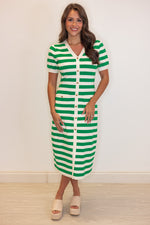 green white striped classic fitted midi dress