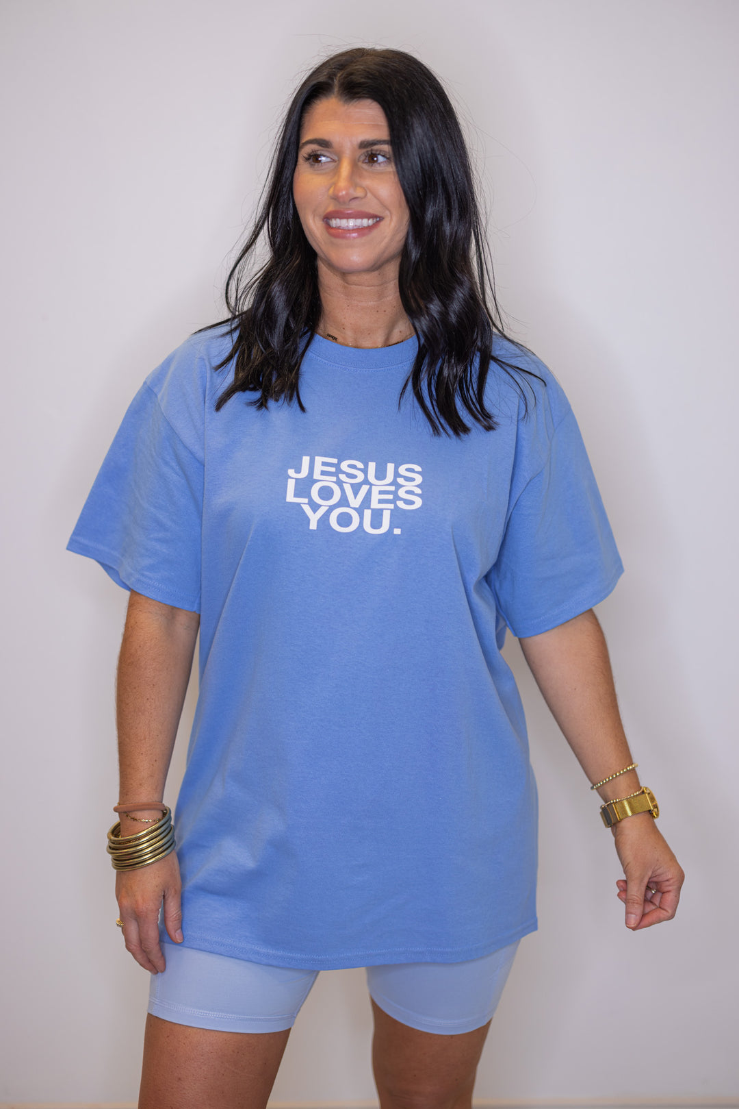 Jesus Loves You women's blue university logo t-shirt