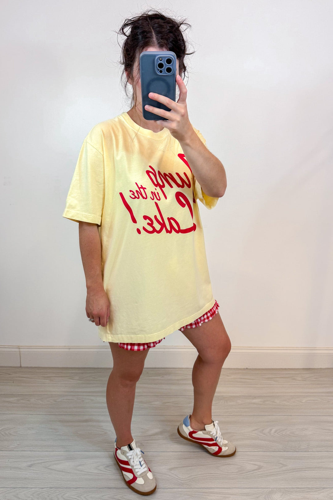 jump in the lake yellow oversized graphic tee
