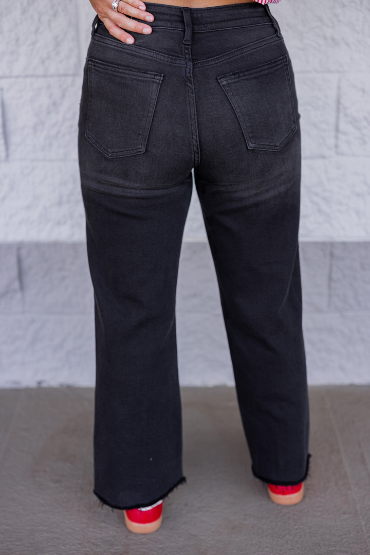 Just Black Denim slim wide leg washed black denim jeans showing up close back view