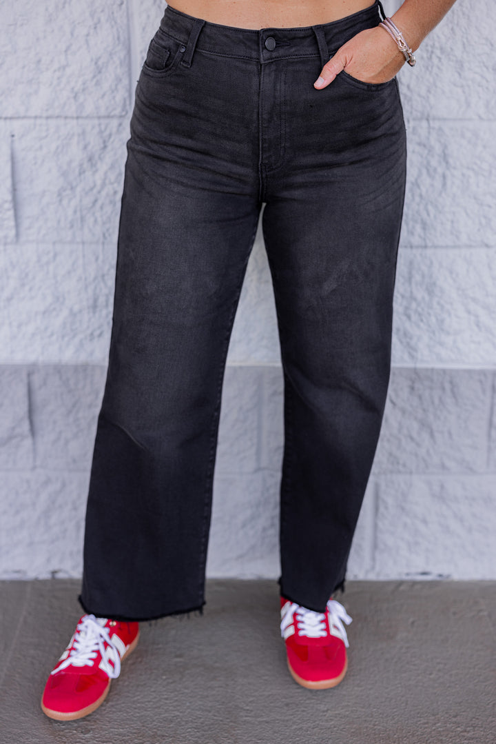 Just Black Denim slim wide leg washed black denim jeans showing up close front view