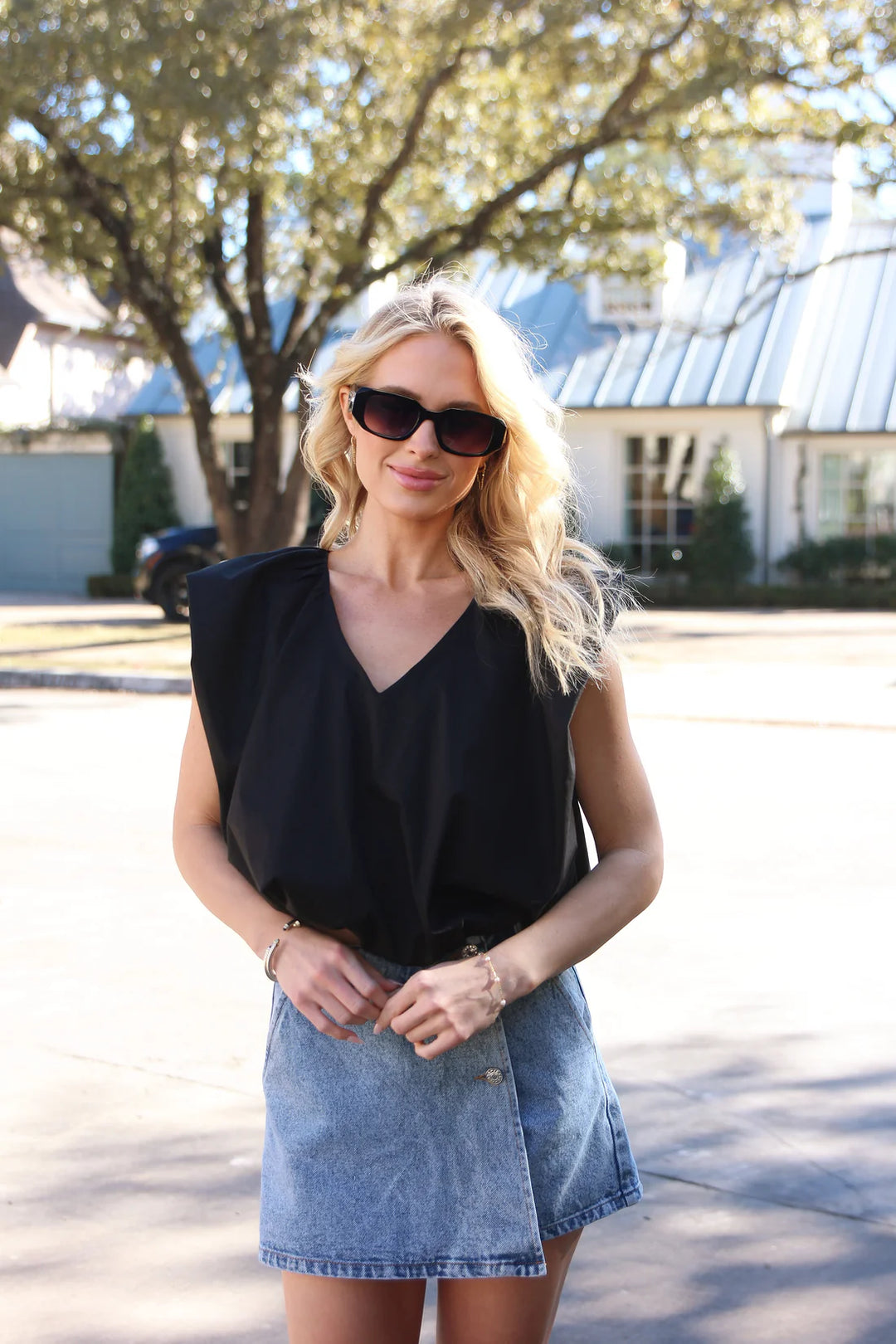 Karlie Solid Black Poplin VNeck Bubble Top