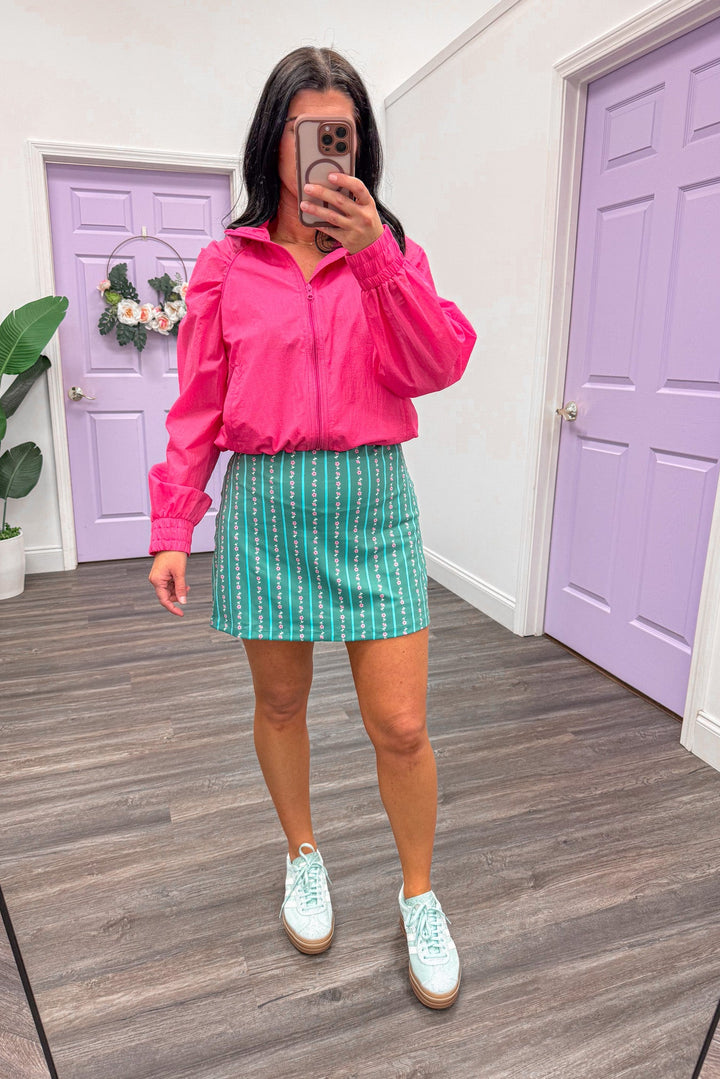 karlie green ditzy floral stripe tennis dress with pink jacket