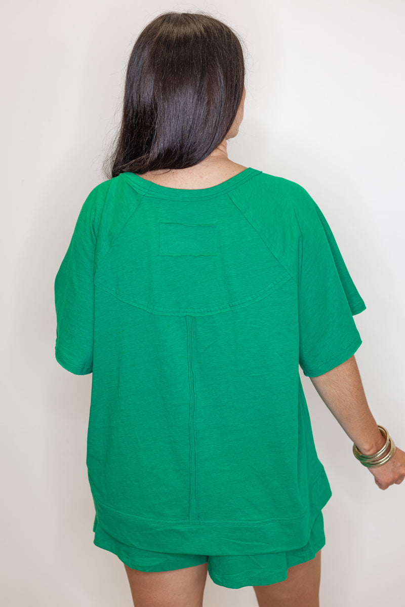green cotton slub knit shorts shirt set