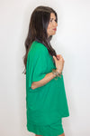 green cotton slub knit shorts shirt set