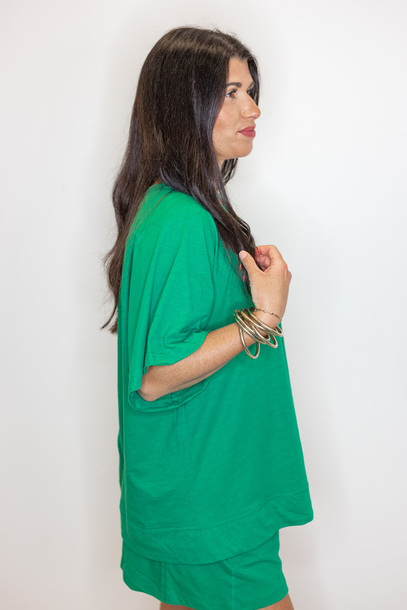 green cotton slub knit shorts shirt set