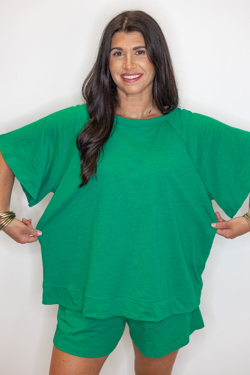 green cotton slub knit shorts shirt set