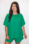 green cotton slub knit shorts shirt set