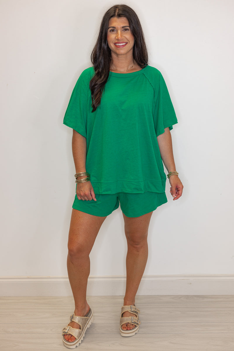 green cotton slub knit shorts shirt set