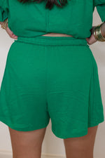 green cotton slub knit shorts shirt set