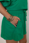 green cotton slub knit shorts shirt set
