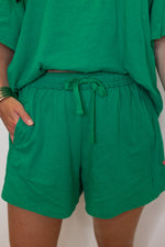 green cotton slub knit shorts shirt set