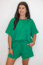 green cotton slub knit shorts shirt set