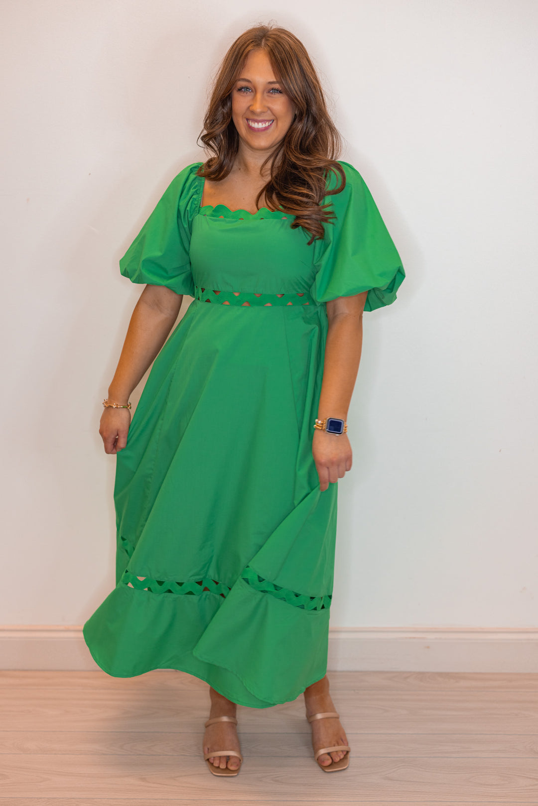 Green Exaggerated Ric Rac Midi Dress | Purple Door | Commerce GA Large Green Exaggerated Ric Rac Midi Dress | Purple Door | Commerce GA Large