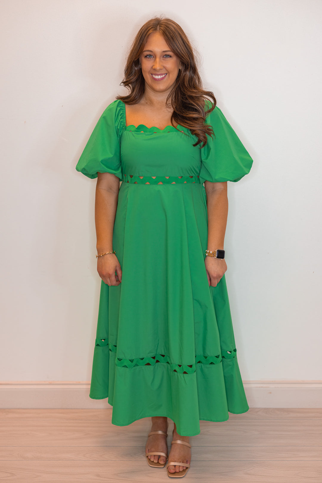 Green Exaggerated Ric Rac Midi Dress | Purple Door