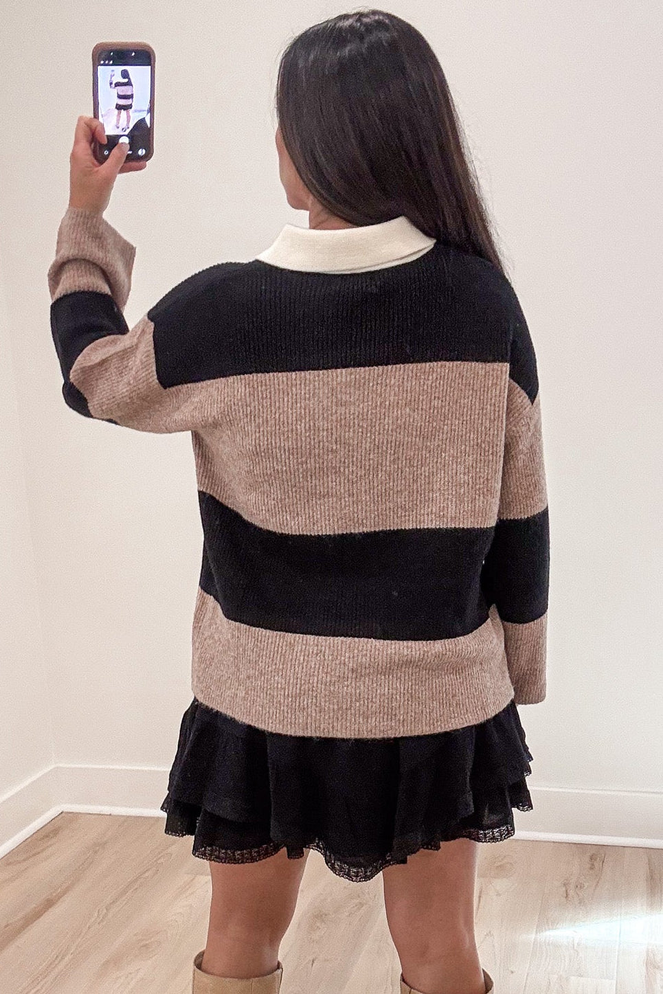 khaki and black wide striped long sleeve cream collar button bodice polo style sweater