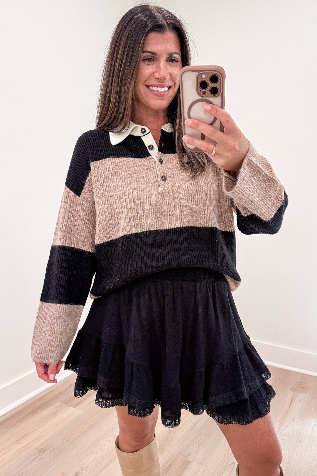 khaki and black wide striped long sleeve collared neckline button bodice polo style sweater