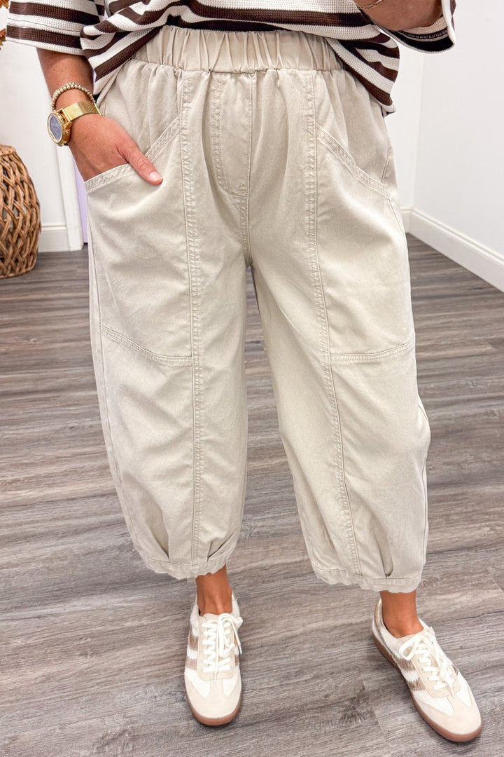 solid washed khaki banded hem wide leg cropped denim pants with front pockets