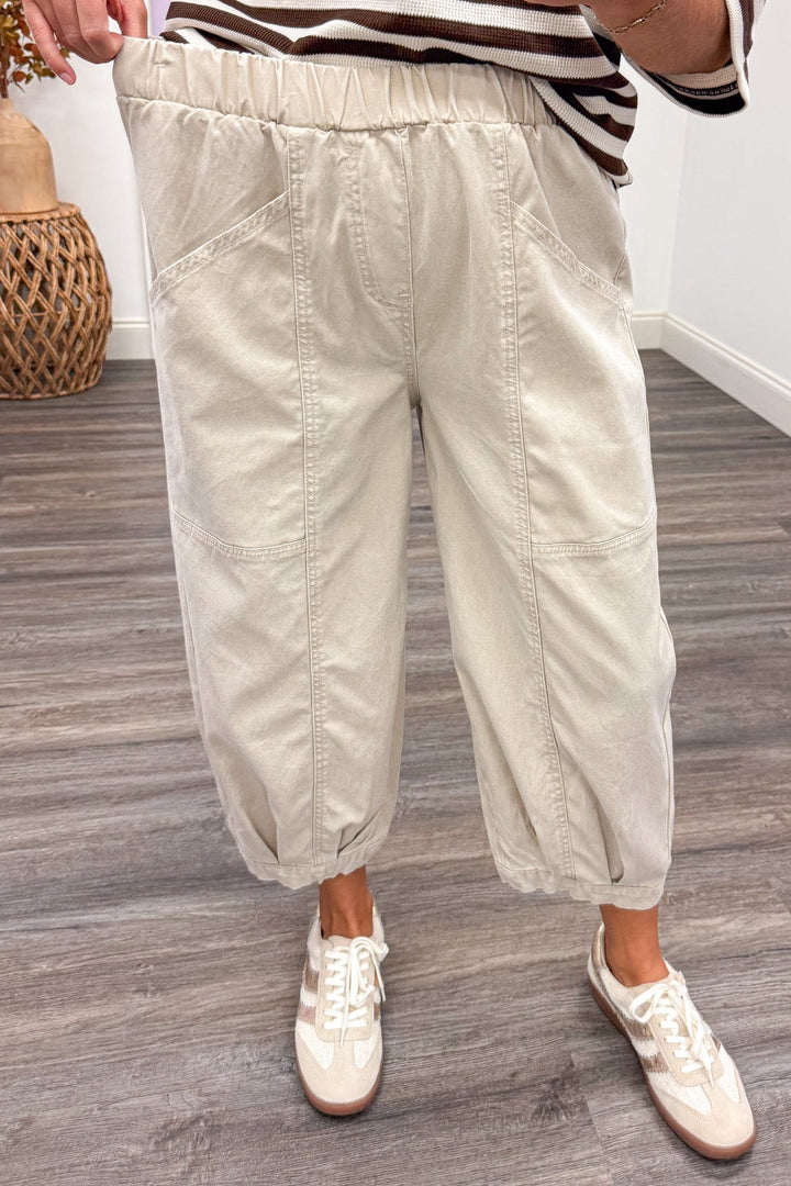 solid washed khaki elastic waist banded hem wide leg cropped denim pants