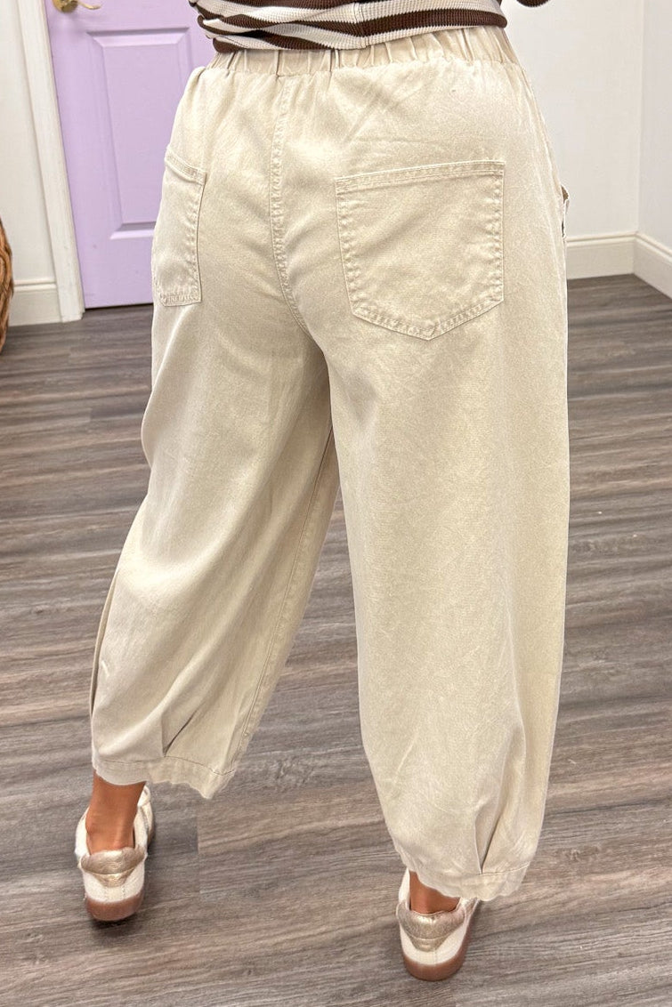 solid washed khaki banded hem wide leg cropped denim pants with back pockets