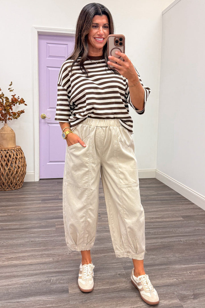 solid washed khaki banded hem wide leg cropped denim pants