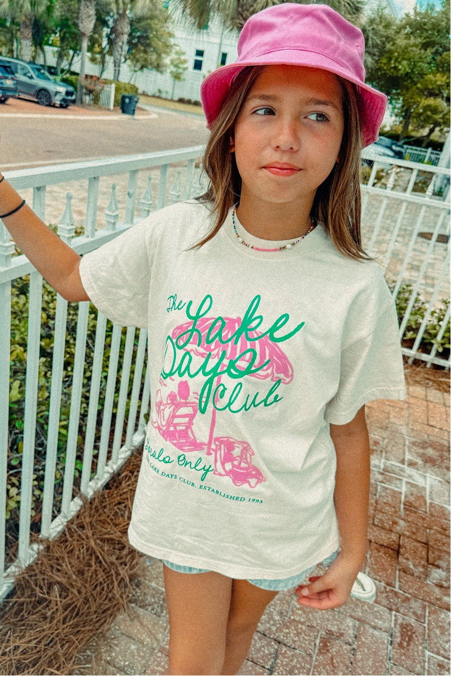 ivory with pink and green lake days graphic print short sleeve crew neckline kids t-shirt