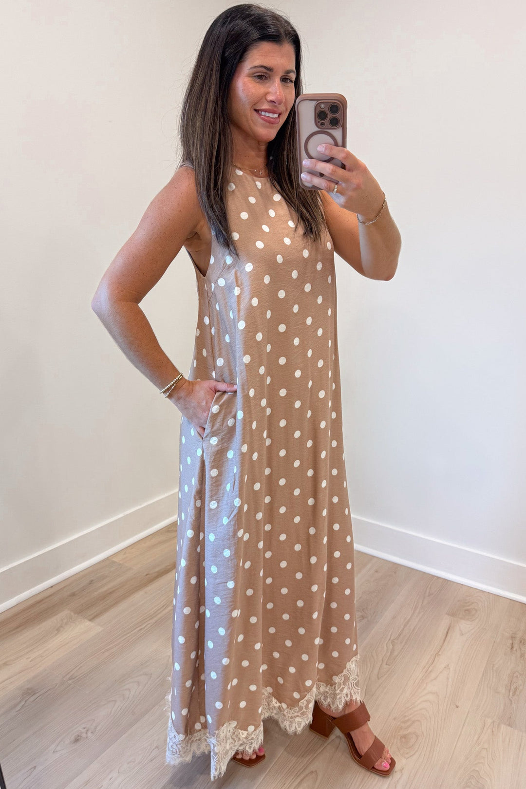 light latte with cream polka dot print and eyelash lace hem sleeveless midi dress with side pockets