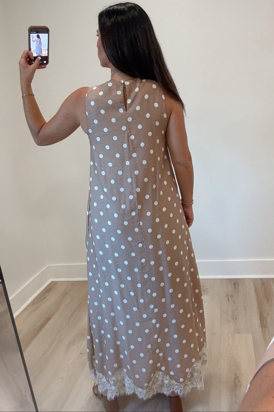 light latte with cream polka dot print and eyelash lace hem sleeveless midi dress with keyhole back button closure
