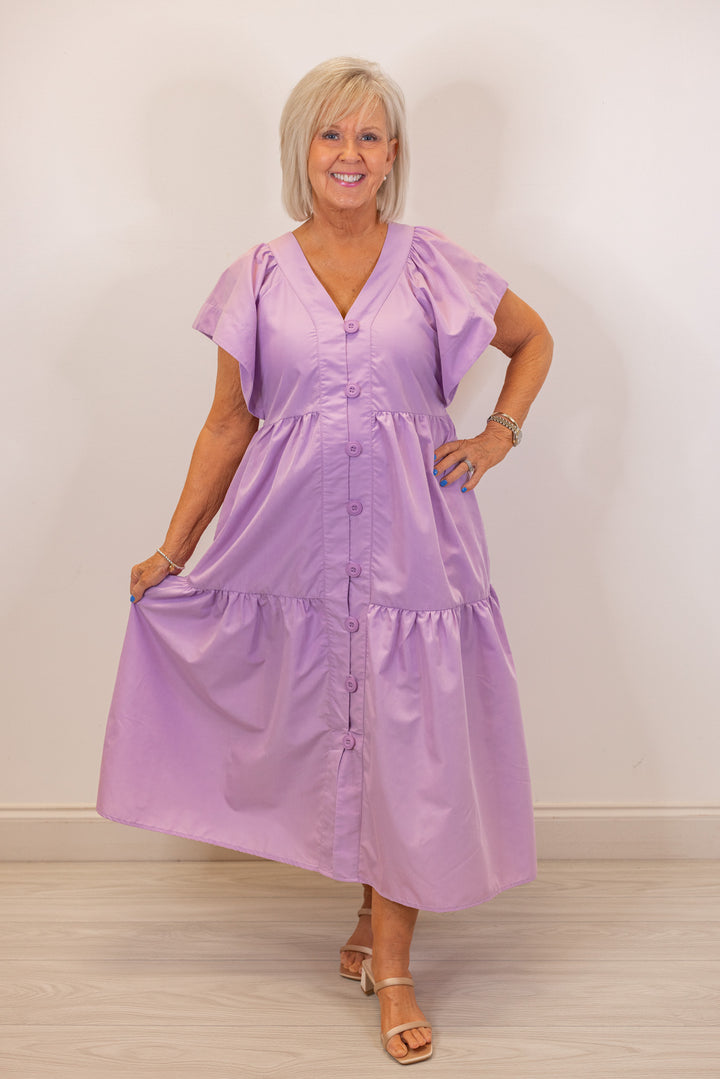 lavender purple babydoll midi dress