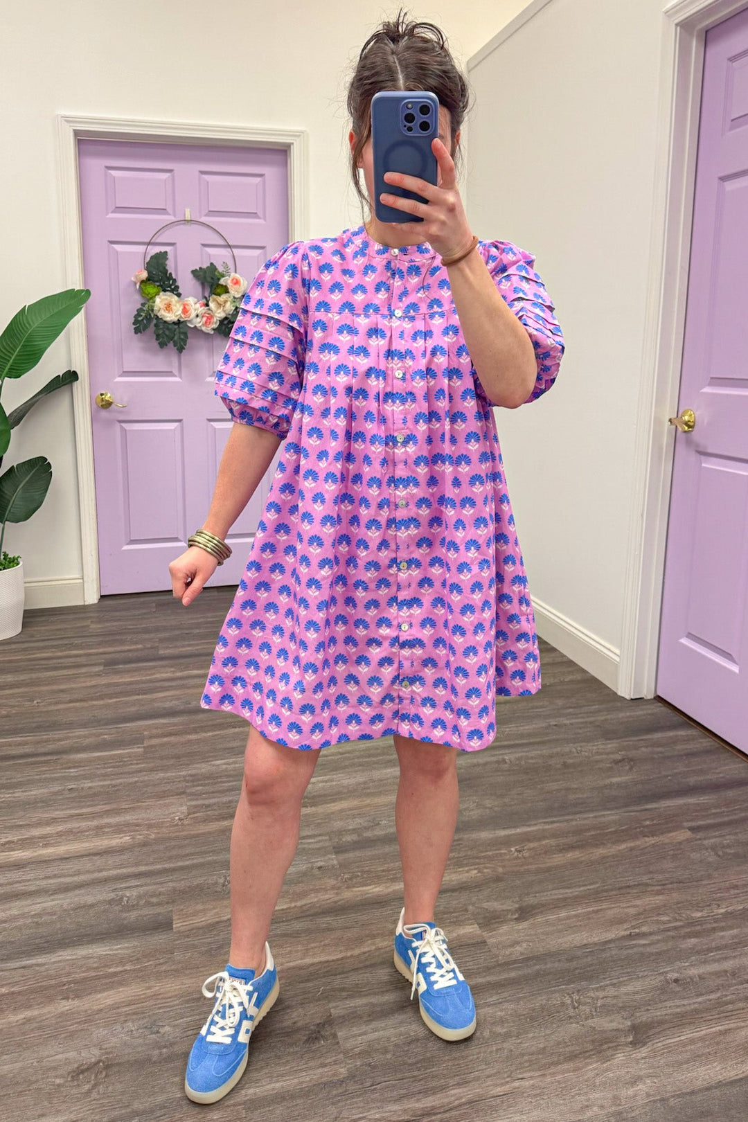 lavender blue white floral print puff sleeve button up babydoll dress