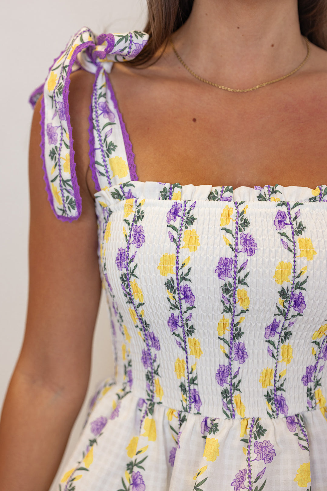 lavender floral smocked tiered mini dress