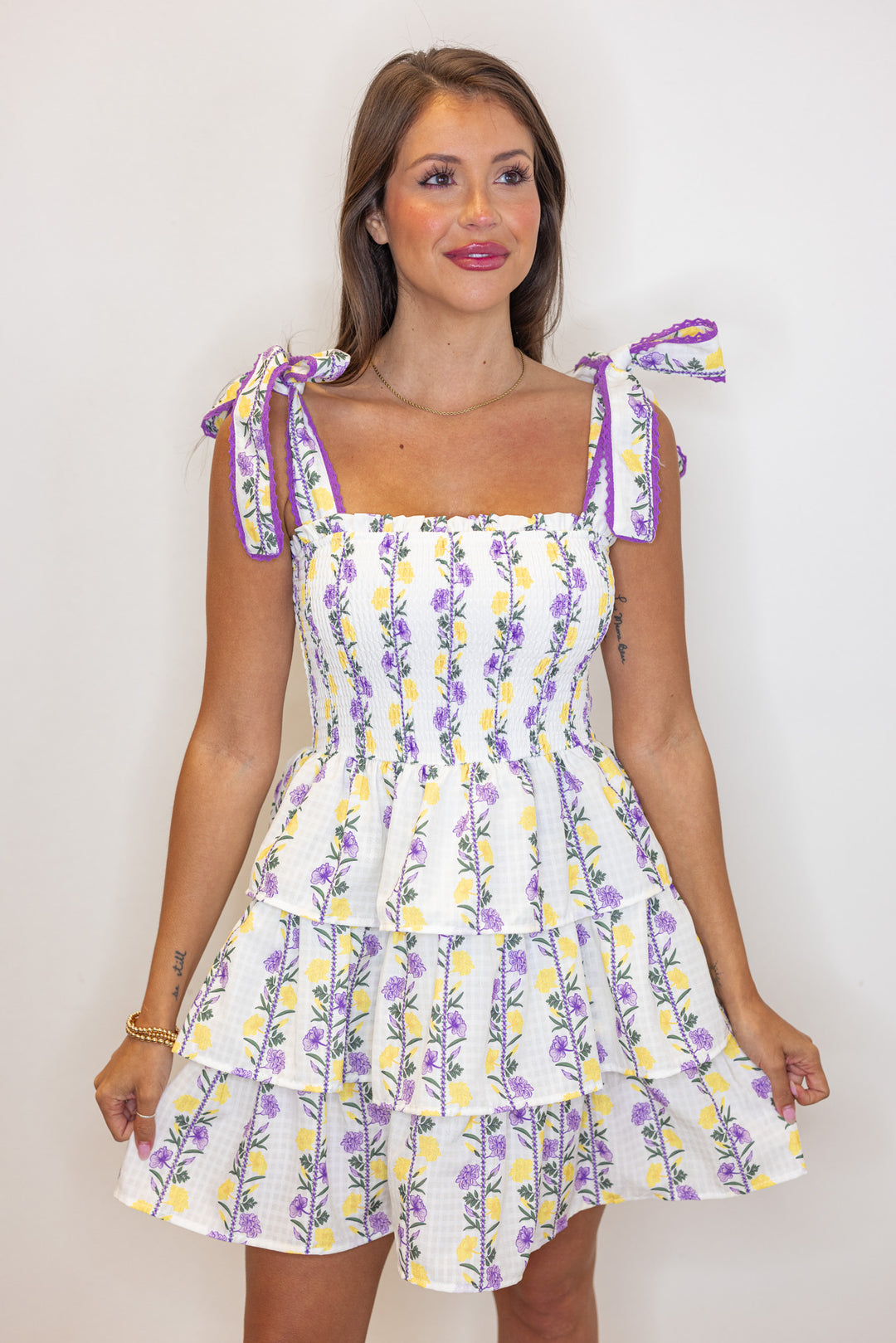 Cream And Lavender Floral Tiered Dress | Purple Door | Commerce GA Purple Door Boutique Cream And Lavender Floral Tiered Dress | Purple Door | Commerce GA Purple Door Boutique