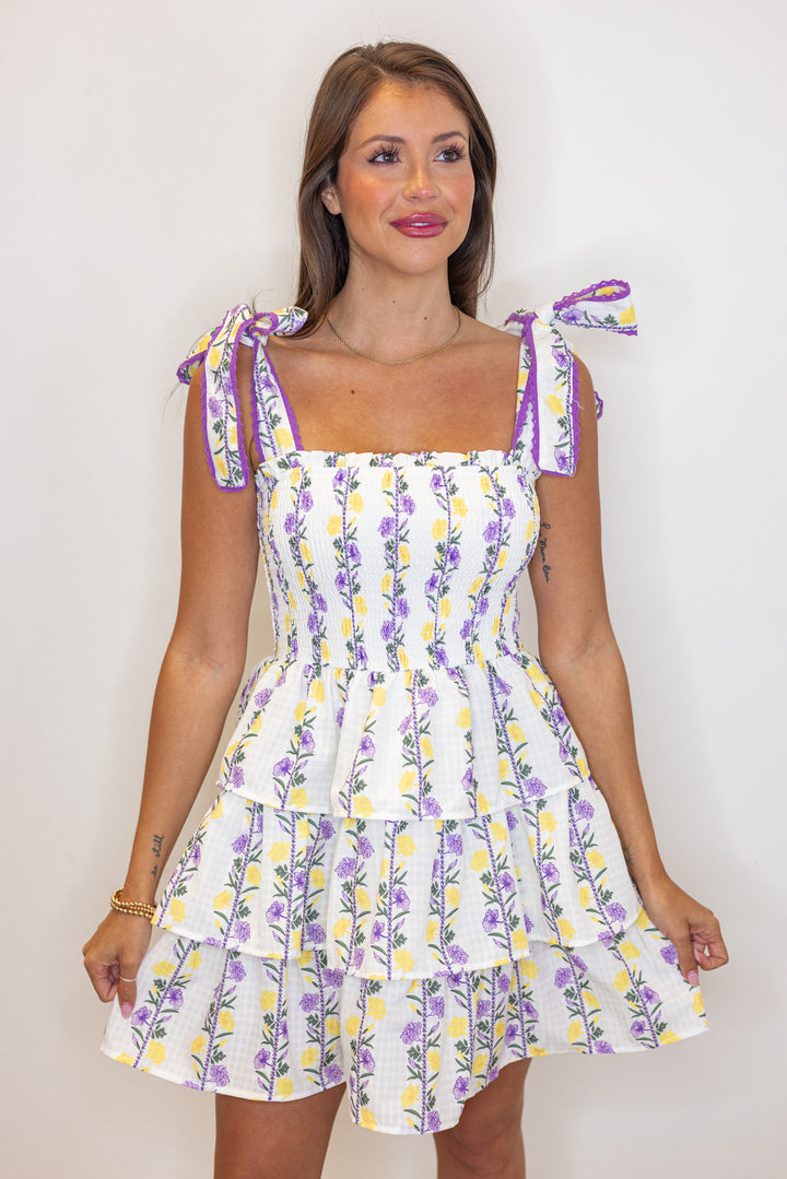 lavender floral smocked tiered mini dress