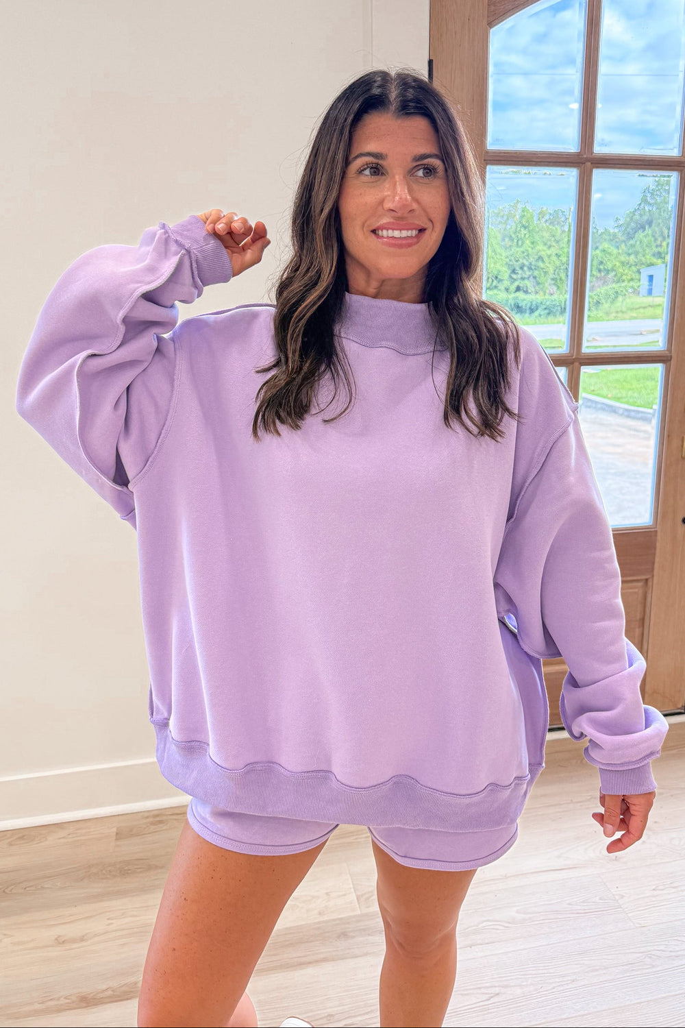 lavender mock neck oversized pullover 