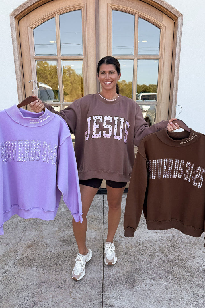 lavender purple with ivory polka dot print embroidered proverbs 31:25 mock neck sweatshirt