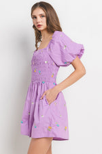 Ces Femme & Time After Time Lavender smocked embroidered floral print romper with wide flowy legs