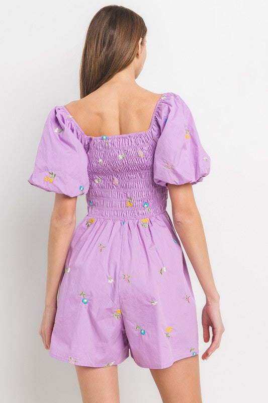 Ces Femme & Time After Time Lavender smocked embroidered floral print romper with wide flowy legs